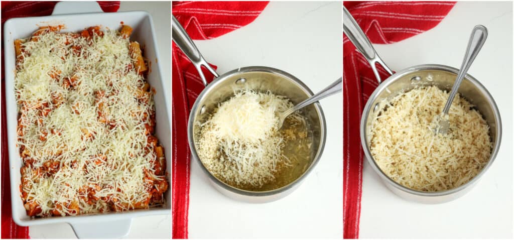 Some of the steps to making chicken parmesan casserole. Add the remaining pasta mixture and the other half of the mozzarella and Parmesan. Cover the dish and bake for 10 minutes. Stir the breadcrumbs, Parmesan cheese, and Italian seasoning in melted butter, then sprinkle them over the casserole.