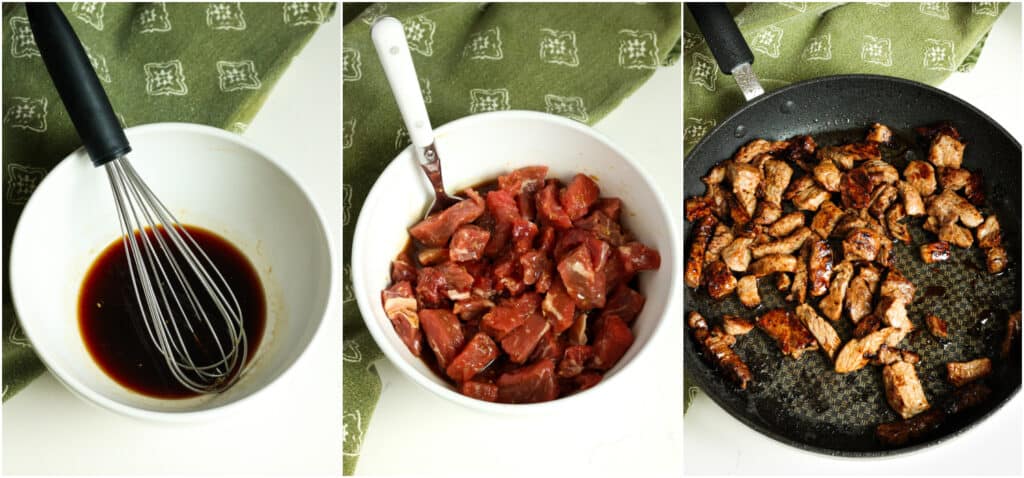 Some of the steps to making beef fried rice. Marinate the beef for about 30 minutes. Heat a little oil and cook the beef over medium-high heat until browned. 