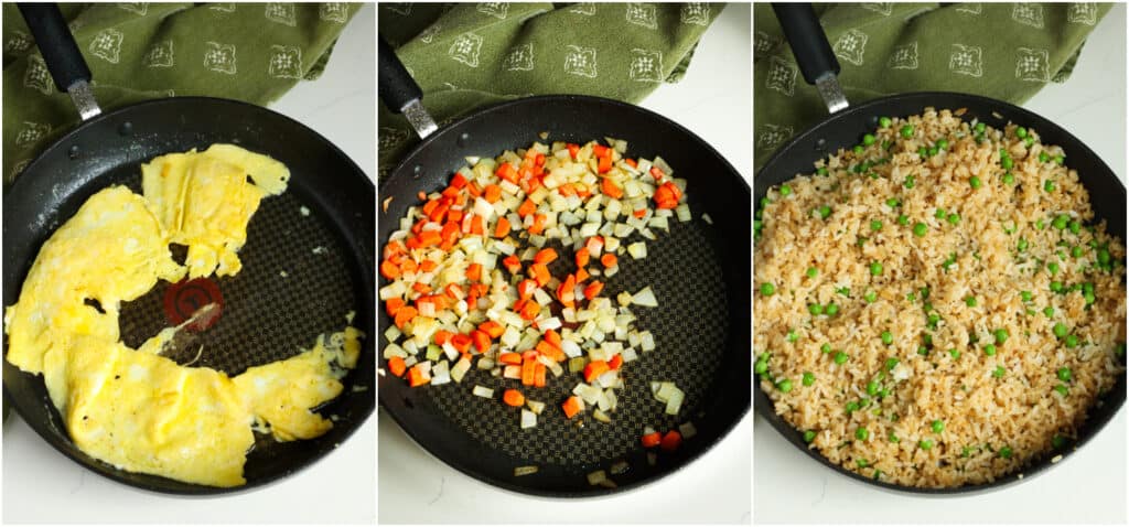 Some of the steps to making beef fried rice. Cook the eggs over low heat and plate them. Cut the scrambled eggs into bite-sized pieces. Heat more oil if needed. Over medium-high heat, cook the veggies until crisp-tender. Plate the vegetables. 

Melt half the butter in the skillet over medium heat. Add half the rice and cook undisturbed for a minute, then flip and cook for another minute. Drizzle the rice with half of the sauce mixture you set aside and cook for several minutes, stirring several times