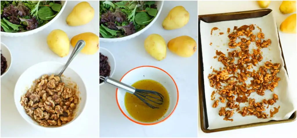 There are several steps to making a pear salad. Combine the walnuts, brown sugar, melted butter, and salt in a medium bowl. Stir to coat. Spread the walnuts out in a single layer. Bake the walnuts at 300 degrees for about 20-25 minutes, flipping them halfway through baking. Let them cool before adding them to the salad.

While the walnuts are baking, whisk together the balsamic vinegar, honey, minced garlic, Dijon mustard, and olive oil. Season with kosher salt and freshly ground black pepper to taste.