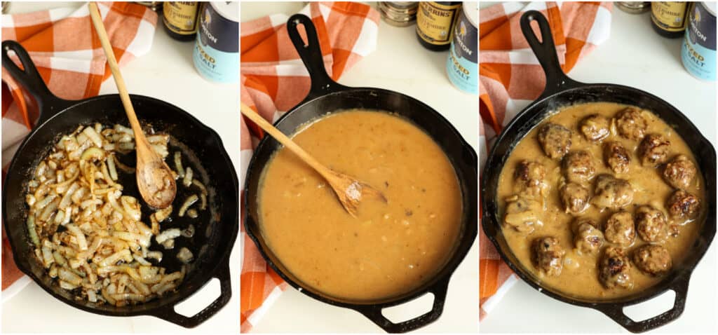 There are several steps to making meatballs and gravy. Add the butter to the same skillet over medium to medium-low heat. Add the onion and cook until they are soft and lightly browned on the edges. Sprinkle the onions with the flour and garlic powder. Cook for 2 minutes over medium-low heat while stirring constantly. Slowly pour in the beef broth while stirring. Simmer for several minutes until thickened. Season with salt and freshly ground black pepper to taste. Add the browned meatballs back to the skillet and simmer for about 8-10 minutes. Sprinkle with chopped fresh thyme.