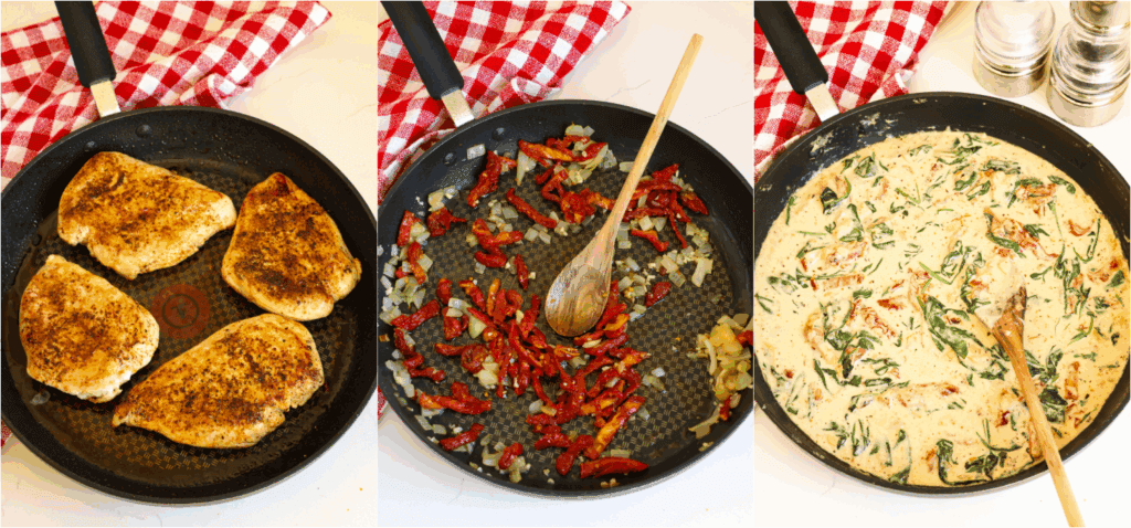 Some of the steps to making Tuscan chicken. Cook the chicken in a bit of olive oil. Plate them and cover to keep warm. Over medium-low heat, cook the onions and sundried tomatoes. 
Reduce the heat to low and cook the garlic with the dried oregano, parsley, basil, marjoram, and red pepper flakes. Stir in the chicken broth and cream. Simmer until reduced by half. Add the Parmesan cheese and spinach. Stir until the cheese melts and spinach wilts.