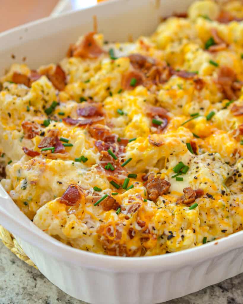 This Loaded Cauliflower Casserole can be served as a full meal. It really is very filling, but if more protein is desired, consider adding roasted or grilled chicken or cooked ground beef. 