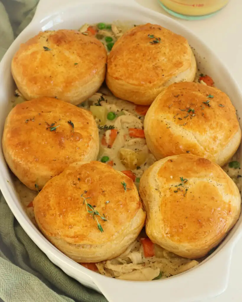 This will quickly become a new family favorite. With the ease of rotisserie chicken and ready-made biscuits, this casserole is ready for the oven in about 10 minutes.