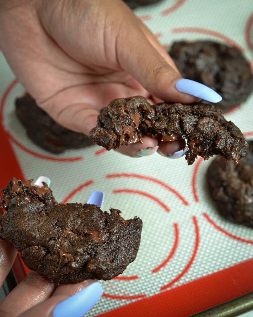 Chocolate lovers unite around these easy to make moist cookies with a rich deep chocolate bang.