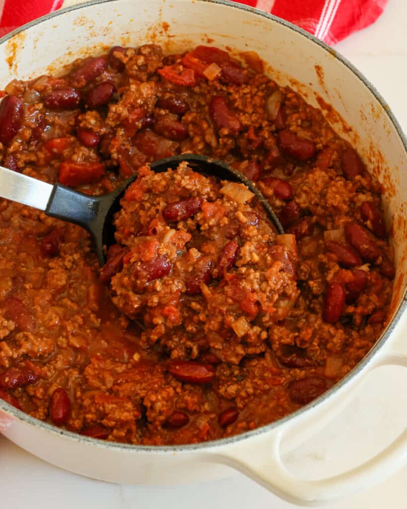 This chili is very flavorful, bold, and thick enough to use in my chili cheese dip, chili cheese fries, and chili cheese dogs.