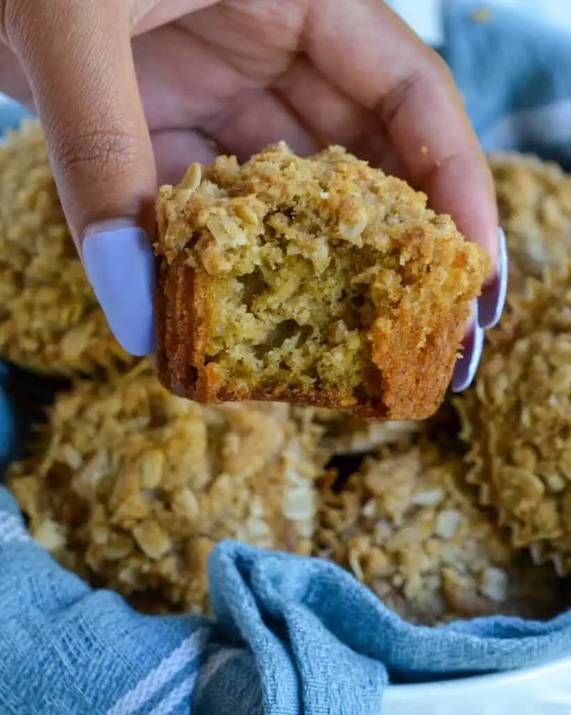 Oatmeal Muffins are the perfect on-the-go breakfast and snack with healthy old-fashioned rolled oats, orange zest, and cinnamon, all topped with a crunchy oatmeal crumb topping.