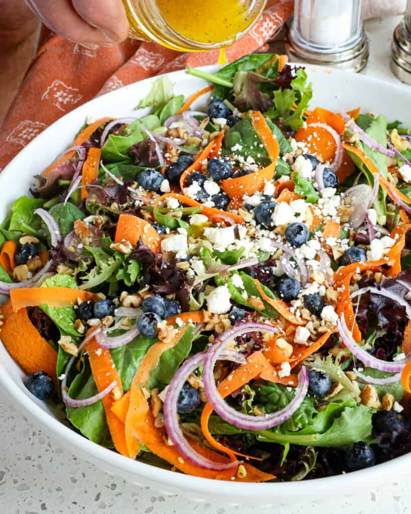 A quick and easy Spring Mix Salad with carrots, blueberries, red onions, feta cheese, and walnuts drizzled with a six ingredient orange vinaigrette.