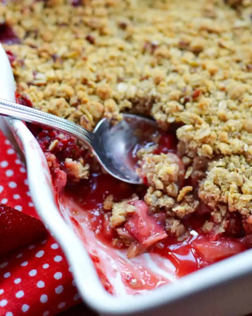 The sweetness of the strawberries, the taste of tart rhubarb, and the crunchy, crumbled topping make for a match made in heaven. 