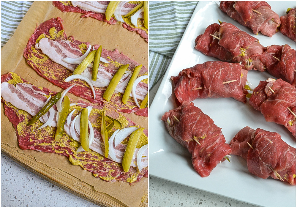 Spread the beef steaks and coat with a thin layer of mustard. Layer the bacon slices on top, followed by pickles and onions. Start rolling the side with pickles and onions tightly, tucking them in. Once completely rolled, secure with a toothpick.
