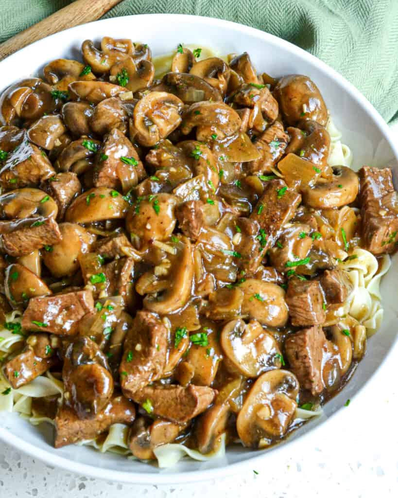 Homemade Beef and Noodles recipe with mushrooms, onions, garlic, and gravy.  