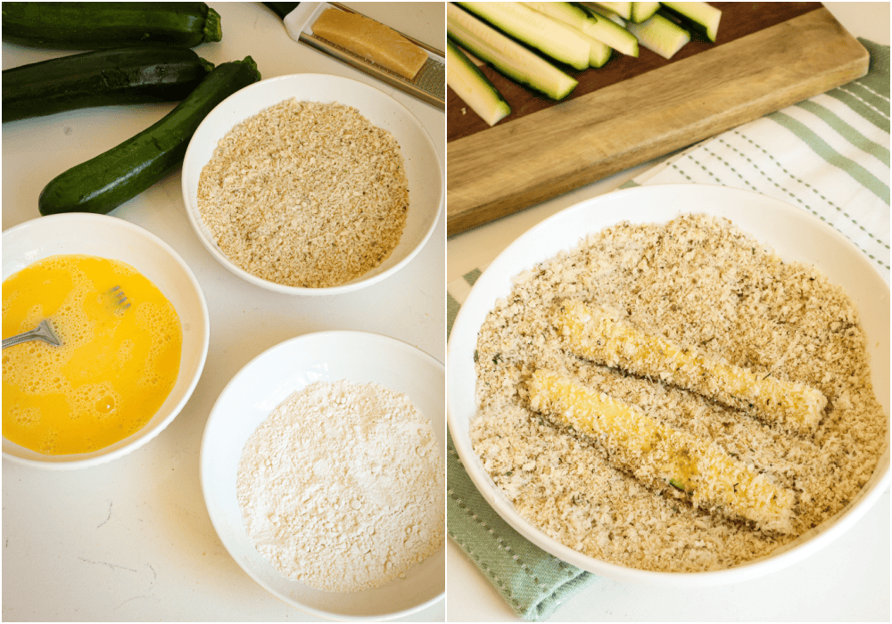 Set up the breading stations. In the first bowl, add flour. In the second bowl, whisk the eggs together. In the third bowl, combine the Italian and panko breadcrumbs, Parmesan cheese, Italian seasoning, garlic powder, salt, and ground black pepper. Bread the zucchini sticks by dredging them through the flour, then egg mixture, and then in the breadcrumbs.