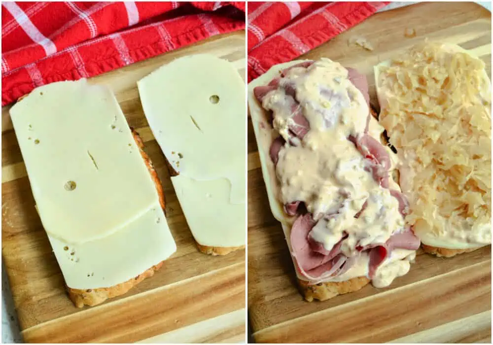 Layered Swiss cheese, thousand island dressing, corned beef, and sauerkraut. 