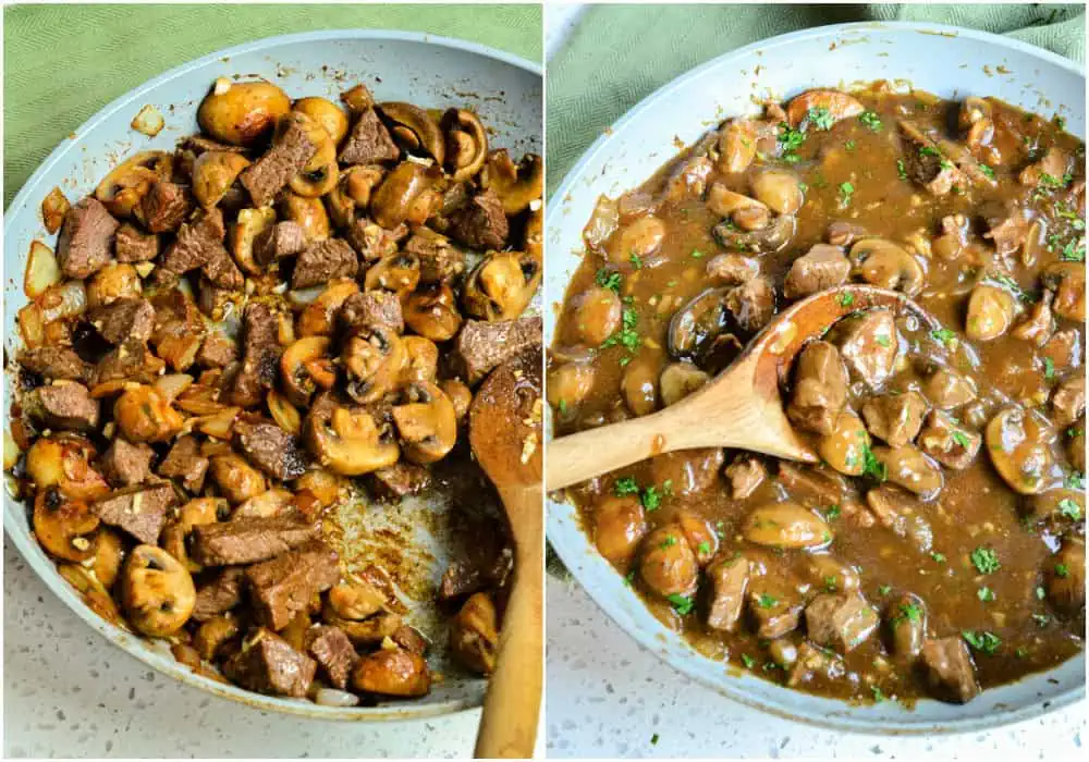 How to make Beef and Noodles. Start by heating the vegetable oil in a large skillet or Dutch oven over medium-high heat. Brown the beef on both sides. Remove the beef from the skillet and plate covering to keep warm. Now melt the butter in the skillet. 

Then add the onions and mushrooms, cooking until the onions are soft and the mushrooms are golden brown. Now reduce the heat to low and add the garlic, marjoram, and thyme, cooking for a minute while stirring. Then, plate the mushrooms, onions, and spices, covering them to keep them warm.