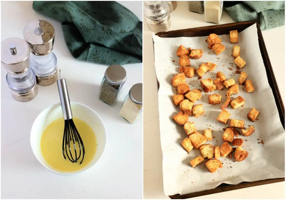 Some of the steps to making Olive Garden salad. Add all the salad dressing ingredients to a bowl and whisk vigorously. Bake the croutons. 