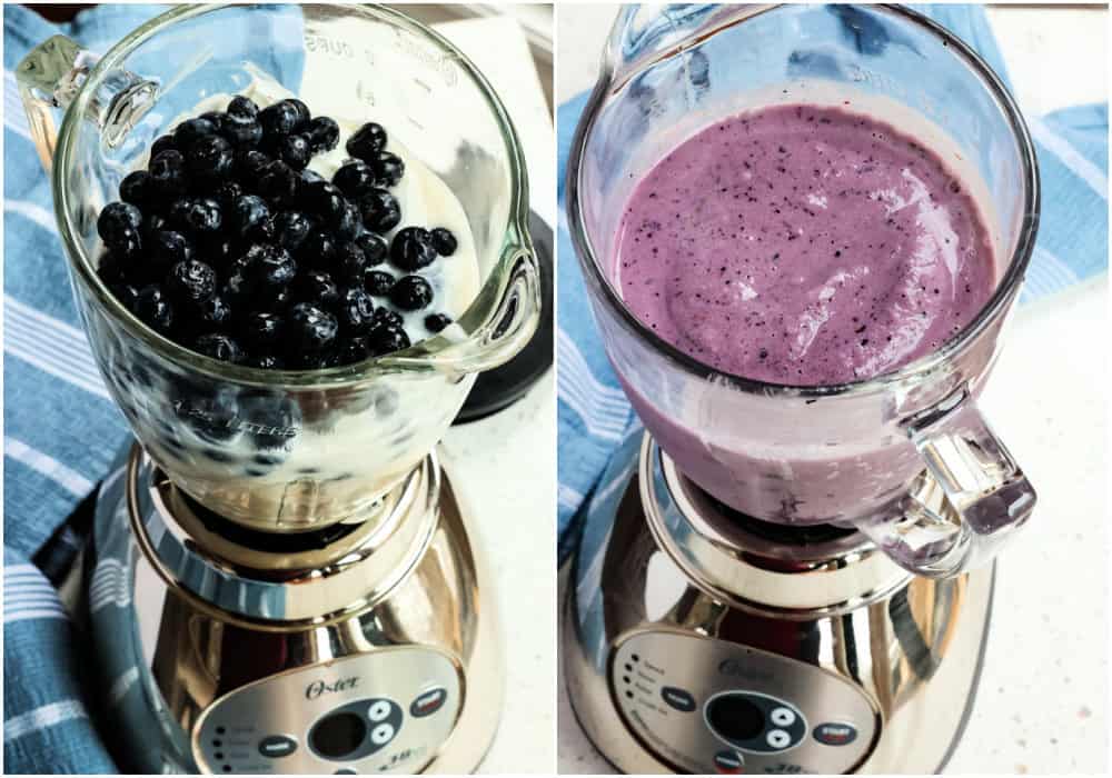 The steps to making a blueberry smoothie. Add the ingredients to a blender or food processor and blend until smooth. Pour into glasses or cups, and garnish with fresh fruit or mint if desired. 
