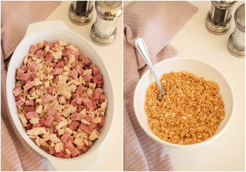 First, combine the diced chicken and diced ham in a large casserole dish. Now, let's make the topping. Combine the melted butter, crushed Ritz crackers, and Parmesan cheese in a medium bowl. Set the bowl aside for a bit. 