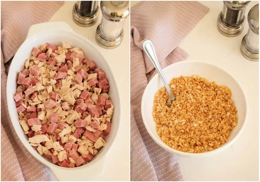 Some of the steps to making chicken cordon bleu casserole. First, combine the diced chicken and diced ham in a large casserole dish. Now, let's make the topping. Combine the melted butter, crushed Ritz crackers, and Parmesan cheese in a medium bowl. Set the bowl aside for a bit. 