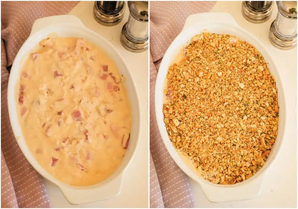Some of the steps to making chicken cordon bleu casserole.  Pour the cheese sauce over the chicken and ham. Sprinkle evenly with the topping. 