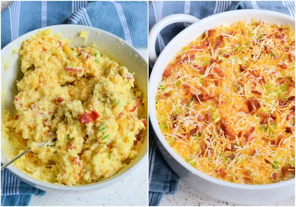 Some of the steps to making twice baked potato casserole. Then, in a large mixing bowl, combine the mashed potatoes with all the goodies and spoon into a casserole dish. Top with the remaining cheese, bacon, and green onions. 