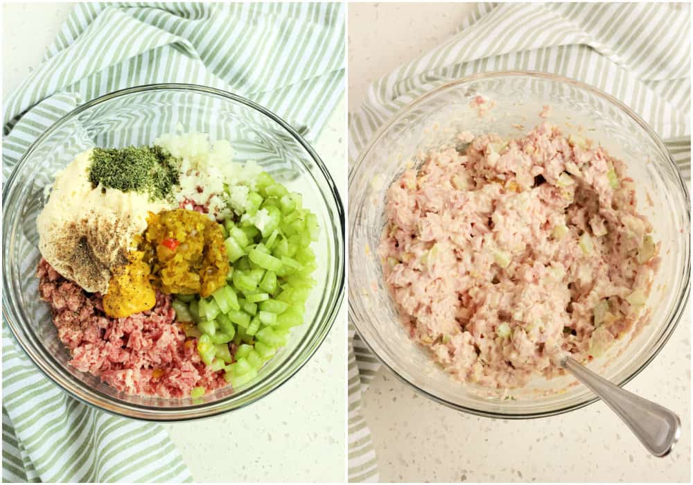Some of the steps to making ham salad. Add the mayo, pickle relish, mustard, and dill.  Stir gently, blending just until combined. Season with fresh ground black pepper, and if desired, stir in 1-2 tablespoons of pickle juice. 