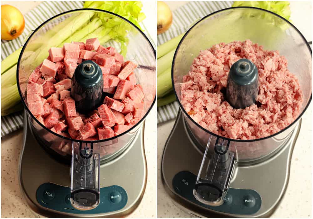 Some of the steps to making ham salad. Pulse the ham in a food processor