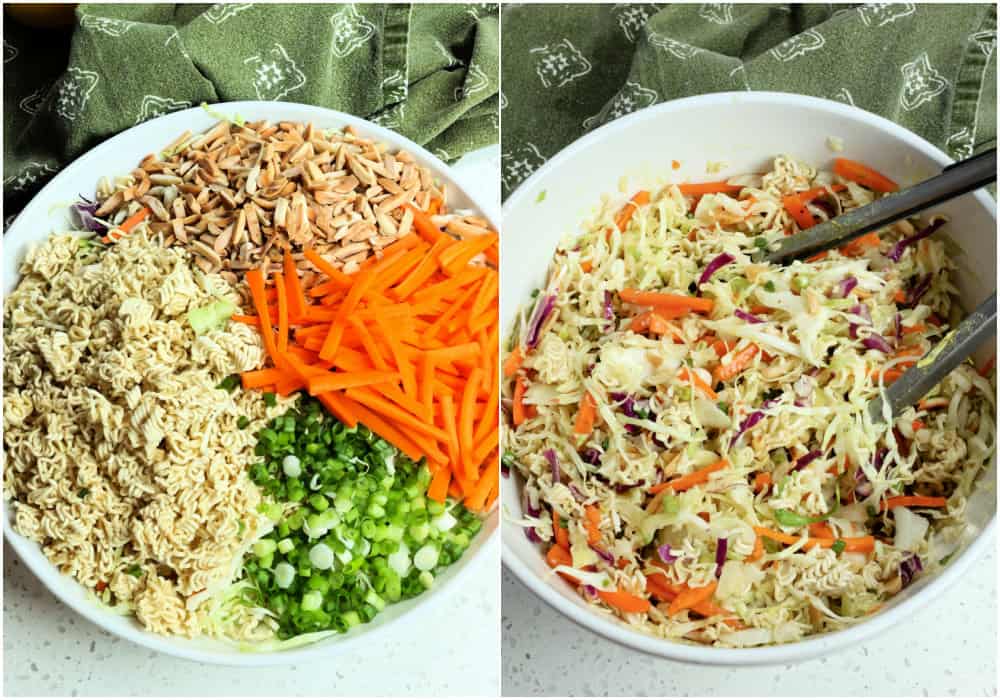 Break up the ramen noodles and add them to a bowl with the green cabbage, red cabbage, carrots, green onions, and toasted almonds.  Drizzle the salad with the dressing and toss to combine. 