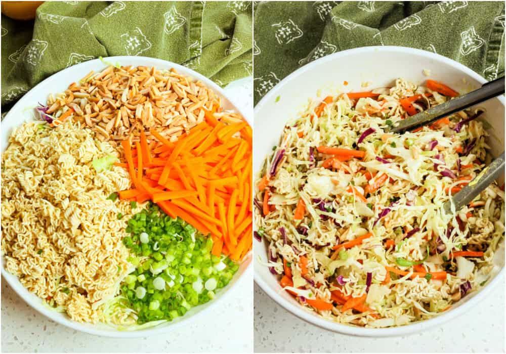 Some of the steps to making ramen noodle salad. Break up the ramen noodles and add them to a bowl with the green cabbage, red cabbage, carrots, green onions, and toasted almonds.  Drizzle the salad with the dressing and toss to combine. 