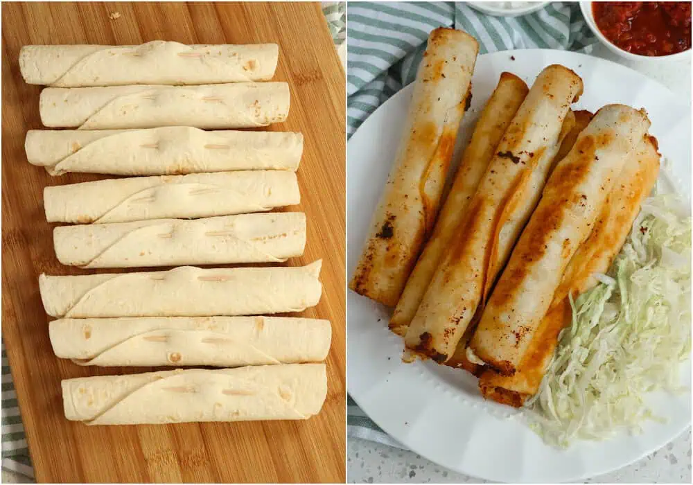 Some of the steps for making chicken taquitos. Heat about 1-1 1/2 inches of oil in a cast iron skillet or heavy pot like a Dutch oven. Using tongs, carefully add a few taquitos at a time and fry until golden brown on all sides. Work in batches and remove to a paper towel-lined plate or platter as they are fried. 