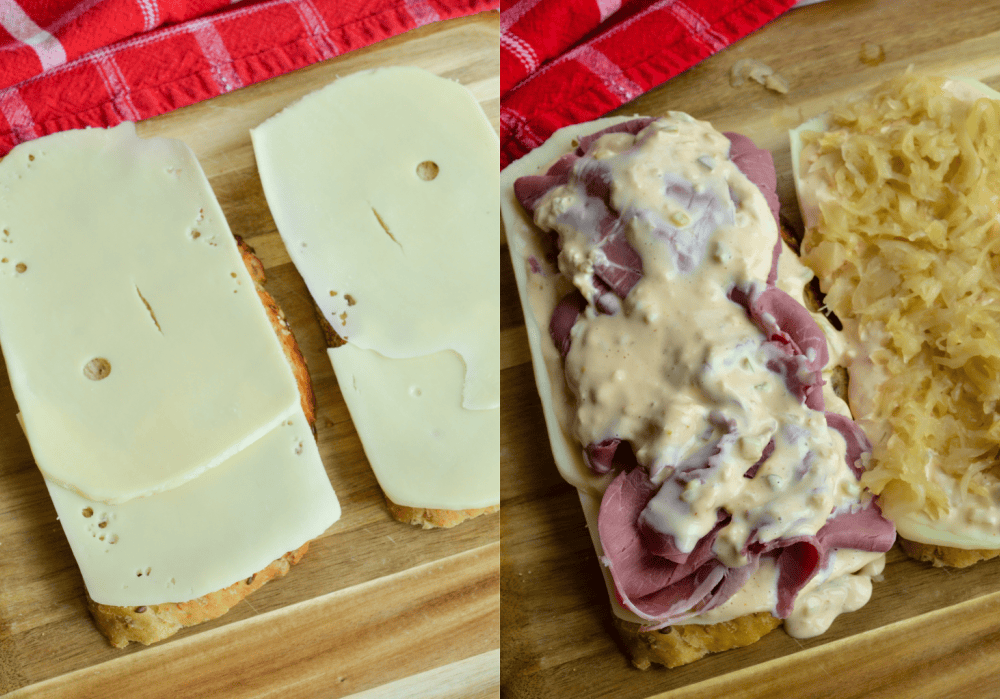 Place a slice of Swiss cheese on each slice of bread. Spread the cheese with the homemade Thousand Island dressing. Add the corned beef to one side and the sauerkraut to the other side.