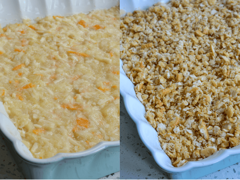 Spoon the pineapple mixture into a greased casserole dish. Combine the crushed crackers with the melted butter and sprinkle them on top of the dish.