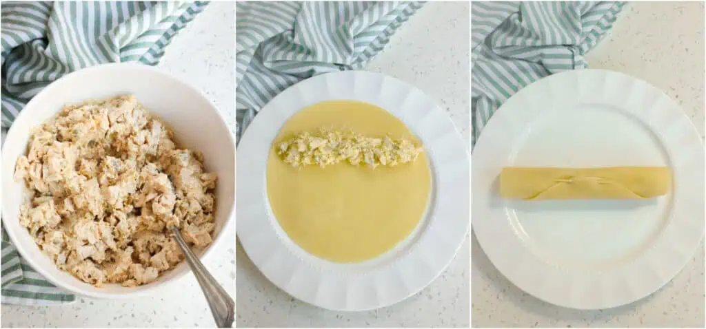 Some of the steps for making chicken taquitos, In a large bowl, stir together the cream cheese, sour cream, green chilies, ground cumin, chili powder, garlic powder, onion powder, shredded cheddar cheese, shredded pepper jack cheese, and diced or shredded chicken. Spoon a few tablespoons of the chicken mixture in a line across the top third of a tortilla. Roll the tortilla tightly and secure it with a toothpick. 