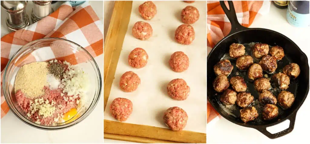 Make the meatball mixture and roll it into meatballs. Brown them in a skillet or bake them in the oven.