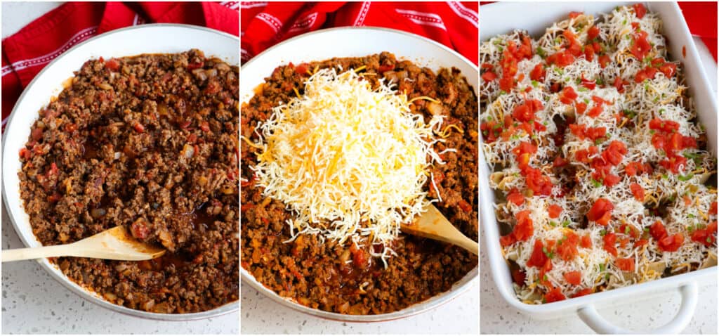 Prepare the seasoned ground beef mixture, cool for a bit, and stuff in the cooked pasta shells. 