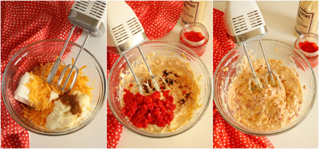 Some of the steps to making pimento cheese. Using a stand or hand mixer and a large mixing bowl, beat the cream cheese and mayonnaise until smooth, creamy, and lump-free. Then add your cheeses, spices, Worcestershire Sauce, and mirin (optional). Finally, stir in the pimentos 