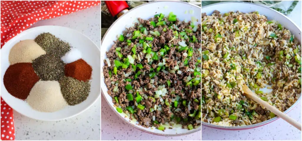 The steps to make dirty rice. 