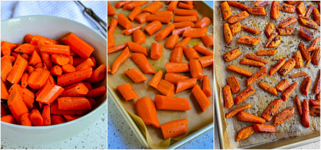 How to make honey roasted carrots.  add the carrot chunks to a bowl, drizzle with olive oil, and sprinkle with salt and pepper. Place them in a single layer on a large sheet pan covered with parchment paper. Roast for about 20 minutes or until fork tender.