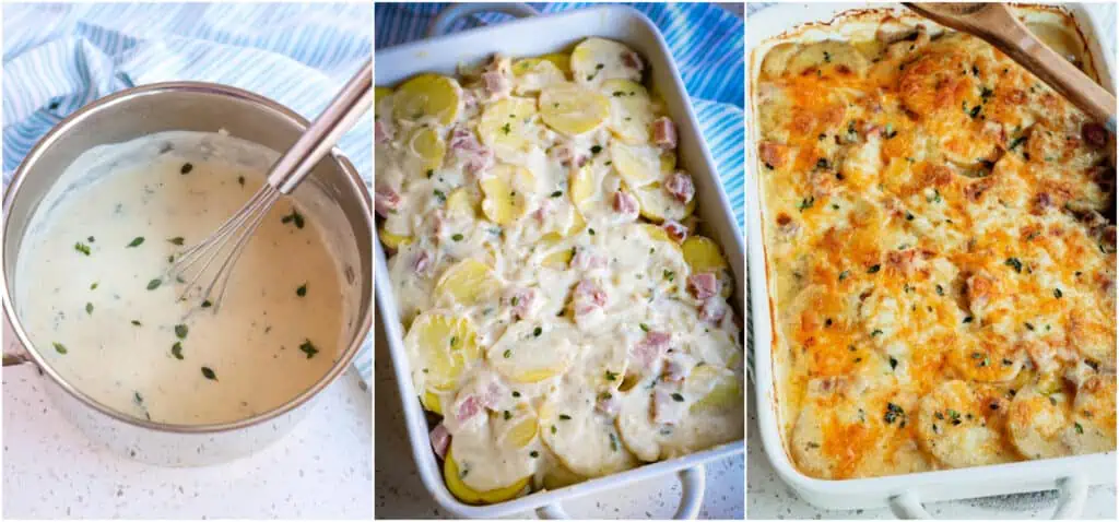 How to make the sauce and layer the casserole for Scalloped Potatoes with ham. 