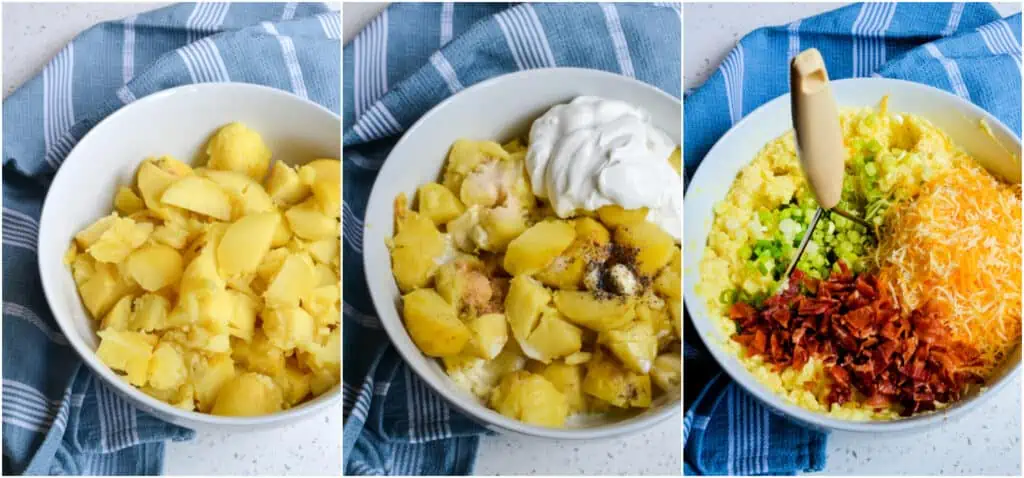 There are a few steps to making twice baked potatoes. Then, in a large mixing bowl, combine the mashed potatoes with all the goodies and spoon into a casserole dish. Top with the remaining cheese, bacon, and green onions. 