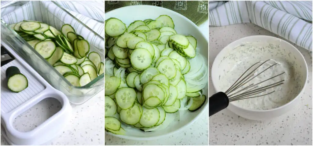 Slice the cucumbers and whisk together the sour cream dressing. 