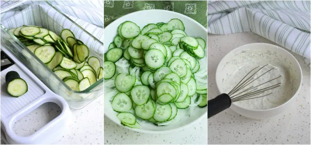 Some of the steps for making German cucumber salad. Slice the cucumbers and whisk together the sour cream dressing. 
