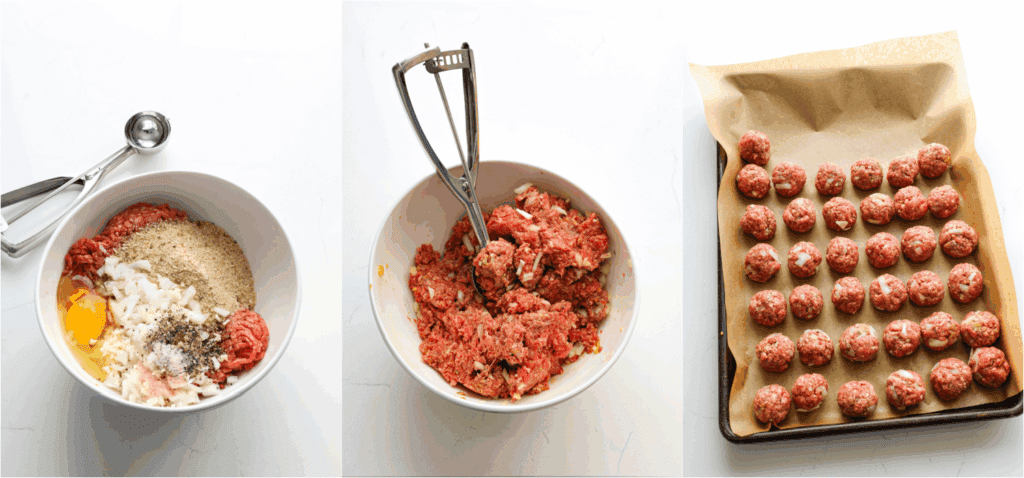 Some of the steps for making meatball soup. Make the meatball mixture and roll it into meatballs.