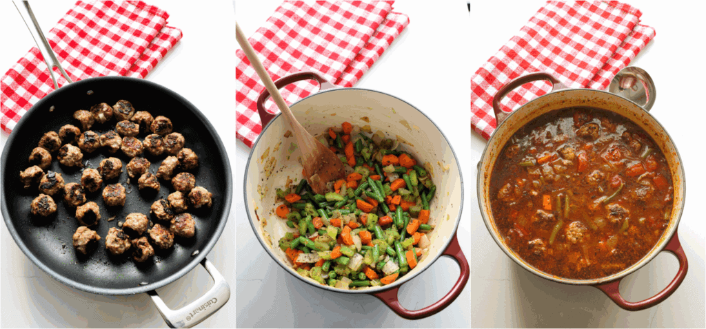 Some of the steps to making meatball soup. Brown the meatballs in a skillet or bake them in the oven. Cook the onions, carrots, celery, and green beans until the onions and celery are soft. Add the spices and cook for another minute or so. Add the beef broth, tomato sauce, and fire-roasted tomatoes, and bring the mixture to a boil. Reduce and simmer for about 10 minutes. Add the pasta and cooked meatballs and simmer until the pasta is tender.