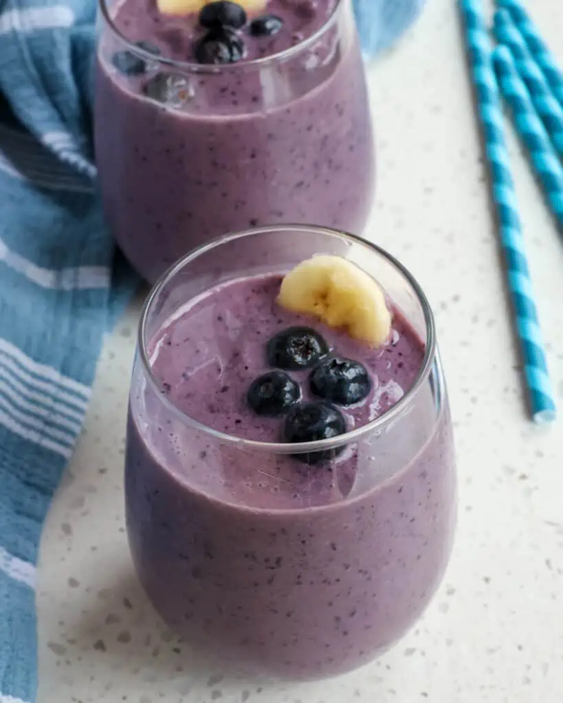 This quick and easy four-ingredient refreshing Blueberry Smoothie is loaded with nutrition from fruit and probiotics from Greek yogurt.