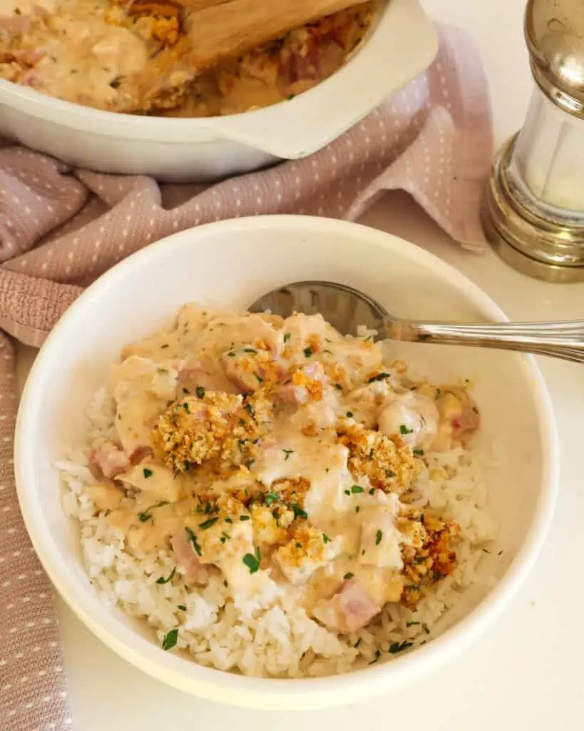 An easy-to-make casserole combining tender chicken and smoked ham,  all smothered in a creamy Swiss cheese sauce just like the traditional Chicken Cordon Ble
