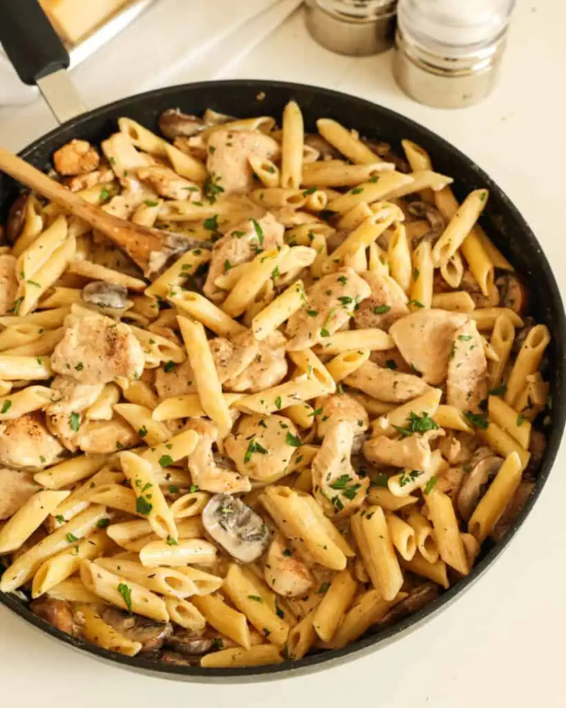 This quick and easy pasta combines browned chicken breast pieces with mushrooms, onions, and garlic in a creamy white wine Parmesan sauce seasoned with thyme, oregano, and parsley. 