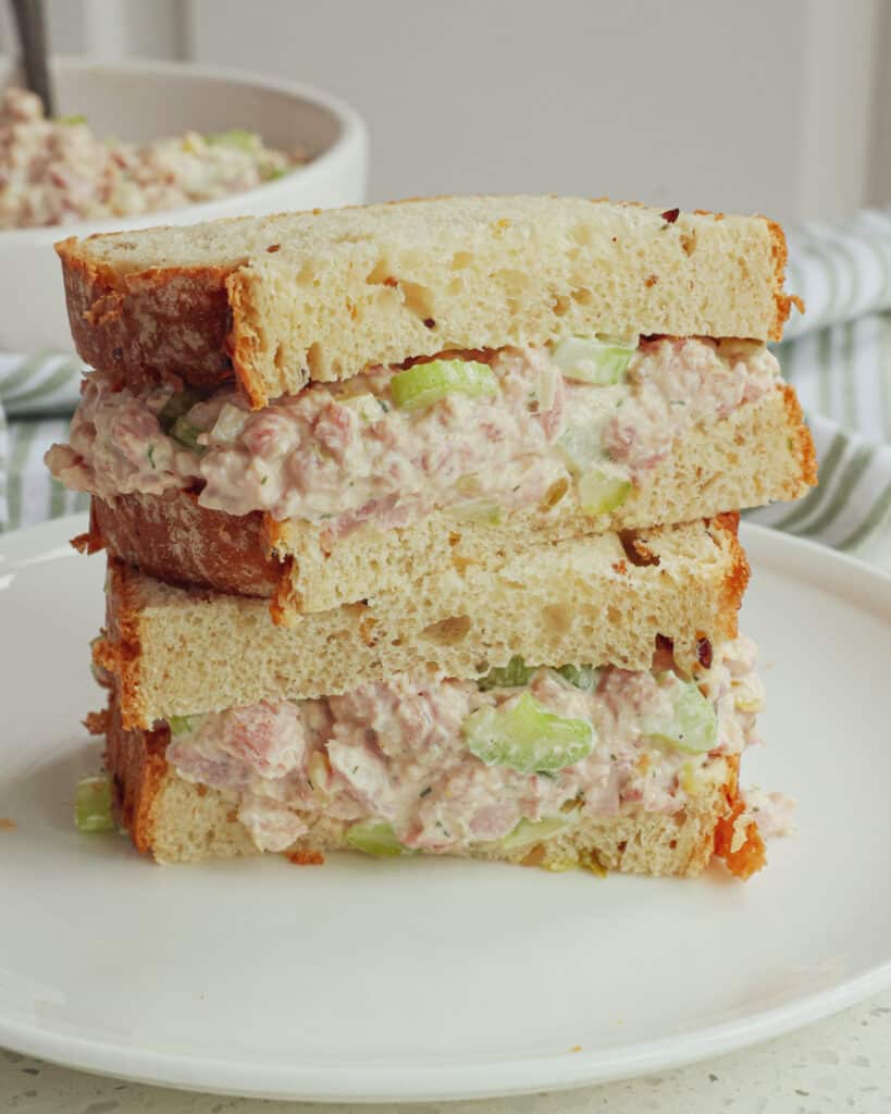 Use your leftover holiday ham and make this classic easy delectable leftover ham salad with onions, celery, pickle relish, and mayo.