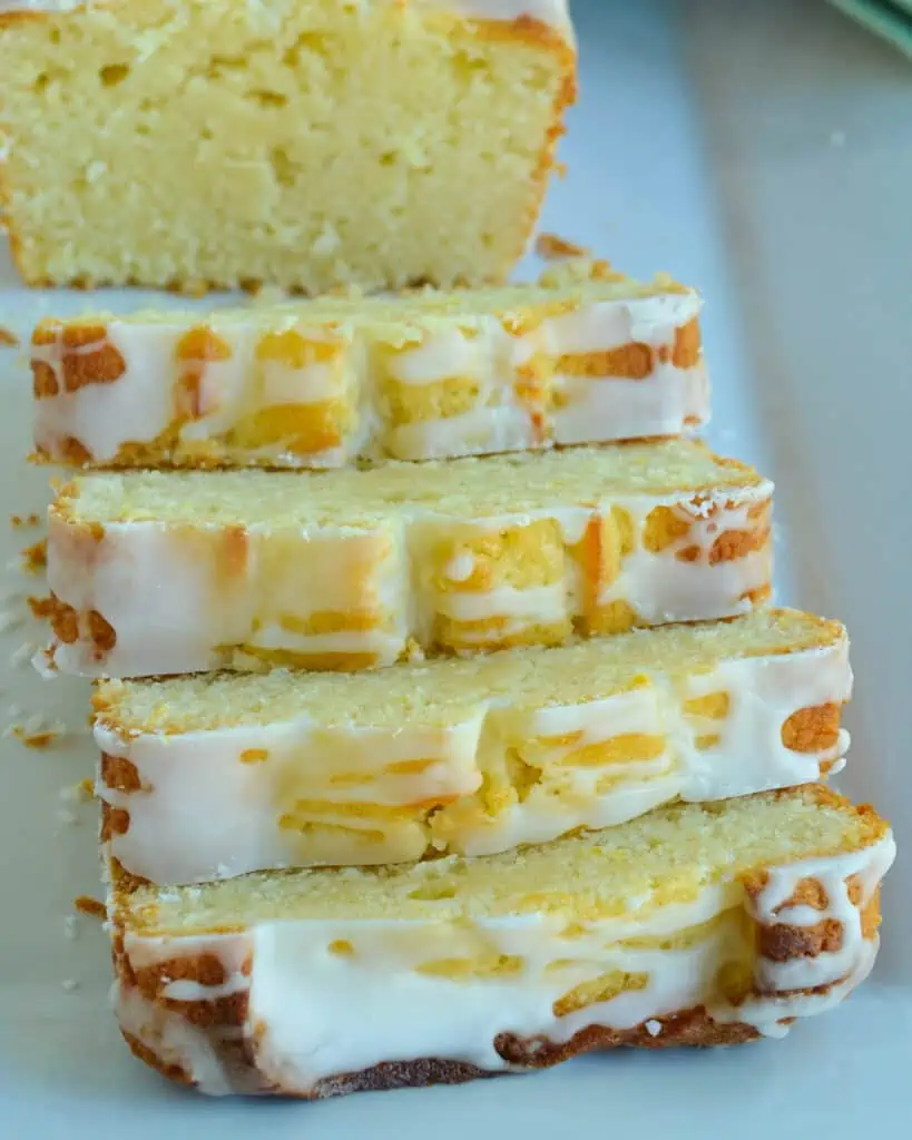Slices of lemon pound cake on a platter