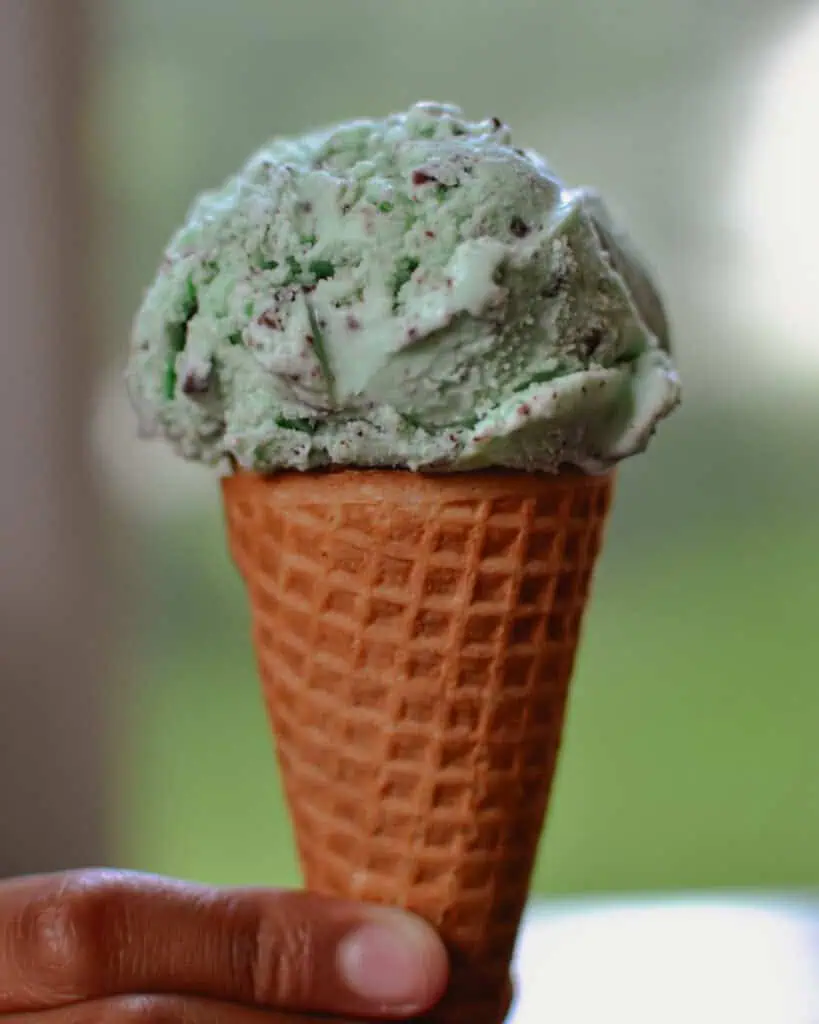 An ice cream cone with a scoop of mint chocolate chip ice cream. 