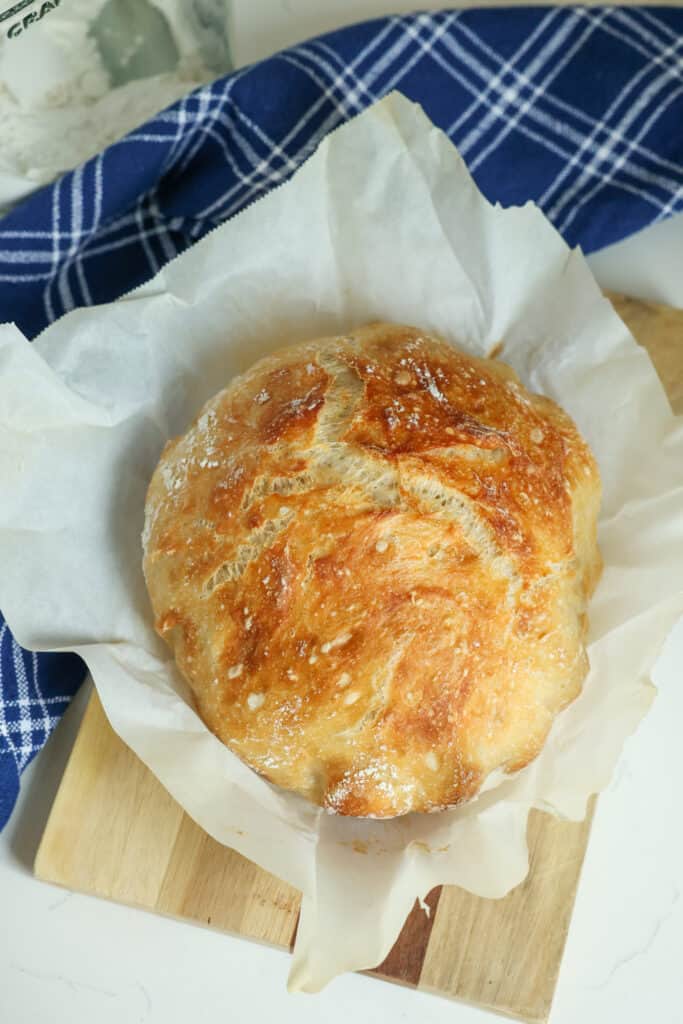 I love this homemade bread. It is crusty on the outside and soft and chewy on the inside.